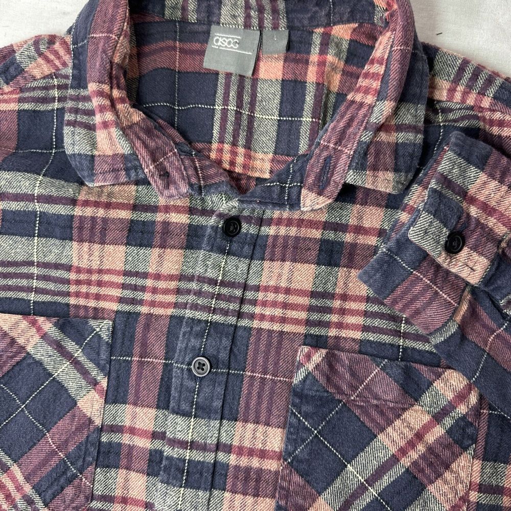 ASOS Flannel Casual Button Up Long Sleeve Shirt Men's Large Navy Pink‎